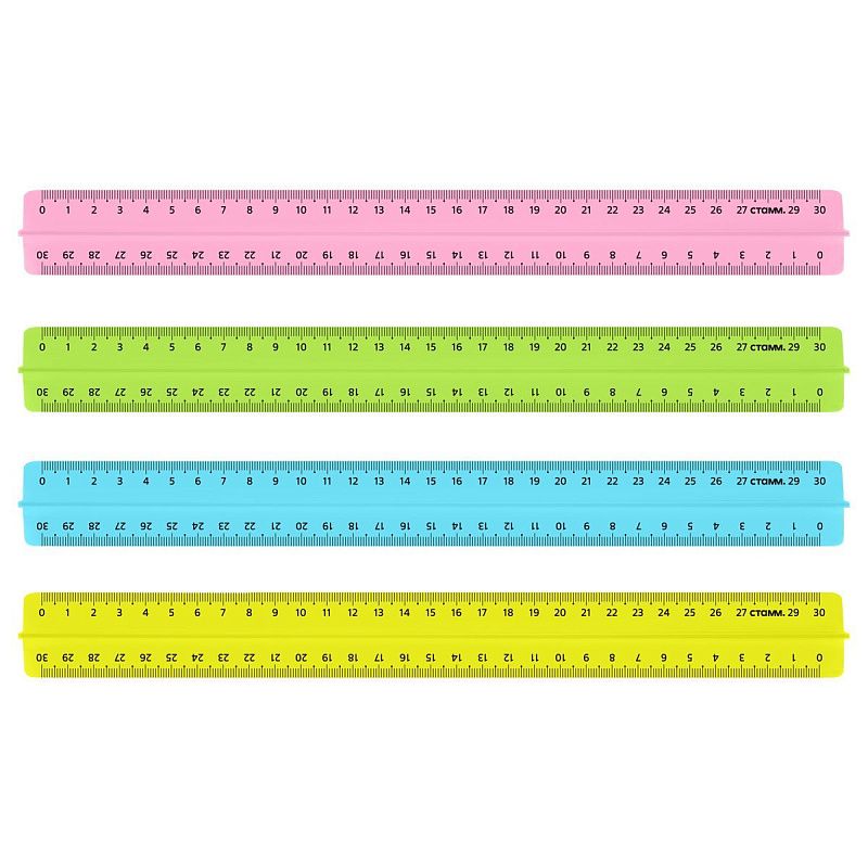 Линейка 30см СТАММ, пластиковая, с держателем, прозрачная, неоновые цвета, ассорти