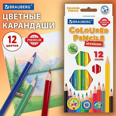 Карандаши цветные BRAUBERG PREMIUM, 12 цветов, пластиковые, шестигранные, грифель мягкий 3 мм, 181666