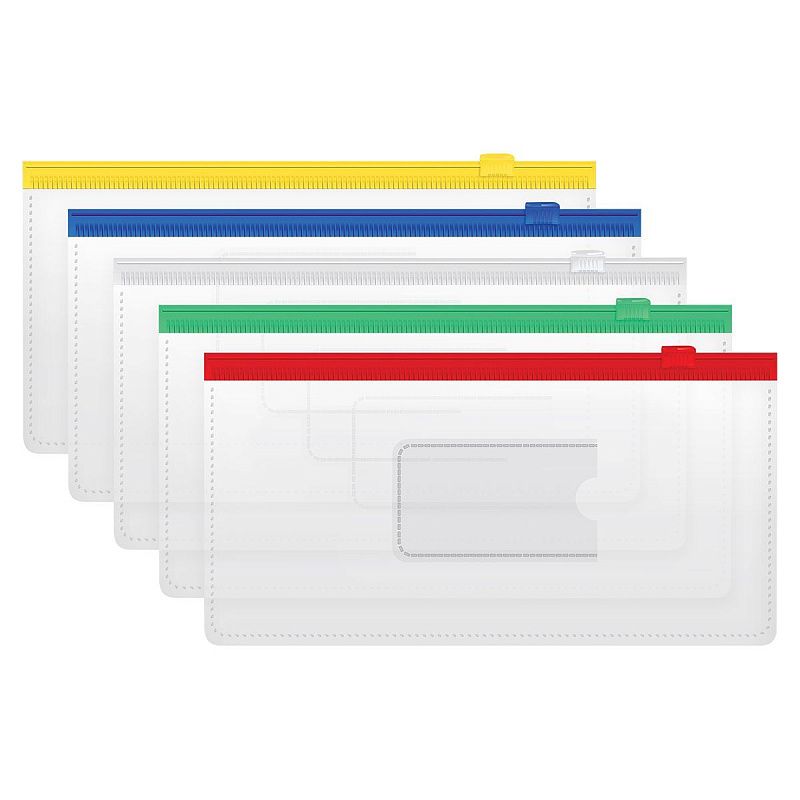 Папка-конверт на zip-молнии СТАММ 255*130мм, ПВХ, 120мкм, прозрачная, цветная молния, карман, для ж/д и авиа билетов, ассорти