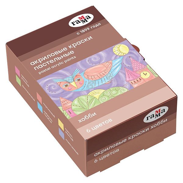 Краски акриловые декоративные Гамма "Хобби", 06 цветов, 20мл, картон. упаковка, пастельные цвета