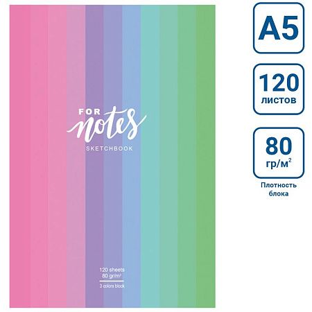Скетчбук 120л., А5 7БЦ BG "For notes", матовая ламинация, трехцветный тонированный блок, 80г/м2