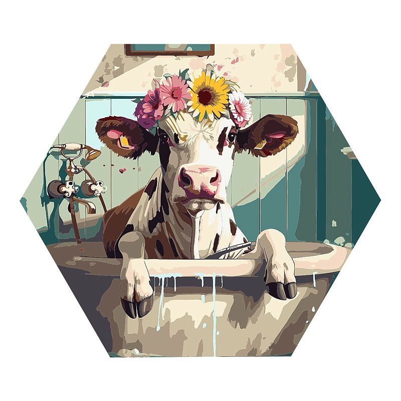 Картина по номерам на фигурном холсте ТРИ СОВЫ "Корова с цветами в ванной", форма многоугольник, с акриловыми красками и кистями