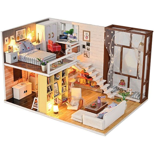 Сборная модель ТРИ СОВЫ, Румбокс "Городской лофт", инструменты, клей, светодиоды, картонная коробка