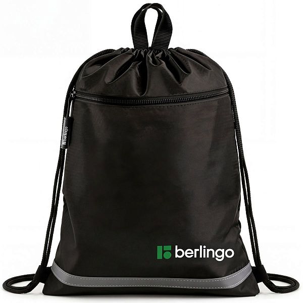 Мешок для обуви 1 отделение Berlingo "Basic black", 360*460 мм, светоотражающая лента, карман на молнии, полиэстер, черный