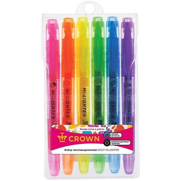 Набор текстовыделителей Crown "Multi Hi-Lighter Aroma" 06цв., 1-4мм, ароматиз., чехол с европодвесом