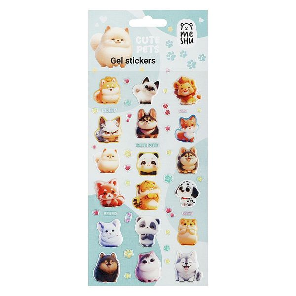 Наклейки гелевые MESHU  "Cute Pets" , 10*23см, инд. уп., европодвес