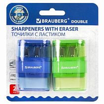 Точилки с ластиком 2 в 1 BRAUBERG "Double", НАБОР 2 ШТУКИ, 2 отверстия, синяя и зеленая, блистер, 271995 Точилки с ластиком 2 в 1 BRAUBERG "Double", НАБОР 2 ШТУКИ, 2 отверстия, синяя и зеленая, блистер, 271995