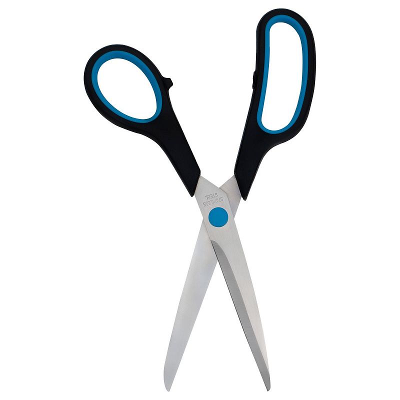 Ножницы OfficeSpace 21,5см, эргономичные ручки, черные с синими вставками, ПВХ чехол с европодвесом