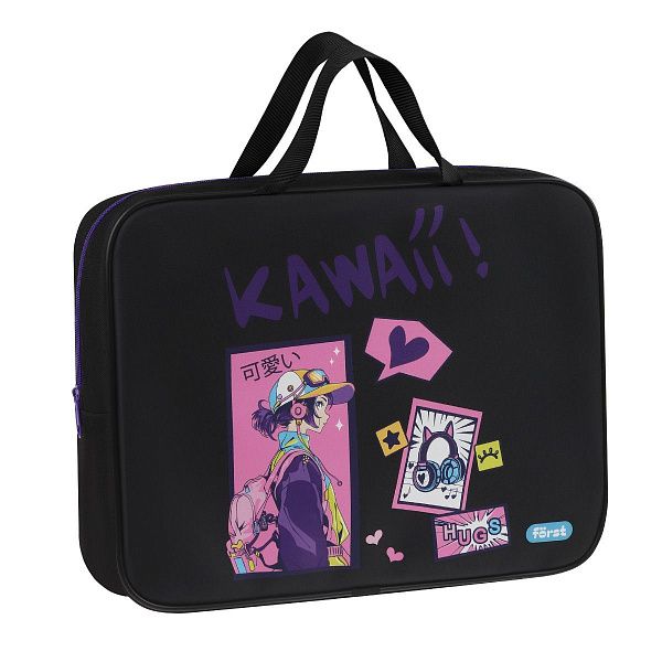 Папка текстильная с ручками 1 отделение, А4 Först "Kawaii", 350*265*80мм, текстиль, на молнии