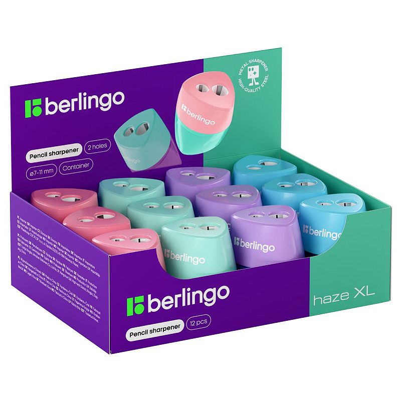 Точилка пластиковая Berlingo "Haze XL", с контейнером, 2 отверстия, ассорти 