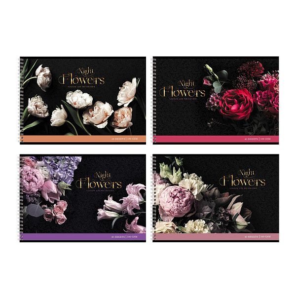 Альбом для рисования 40л., А4, на гребне BG "Night flowers", тиснение фольгой