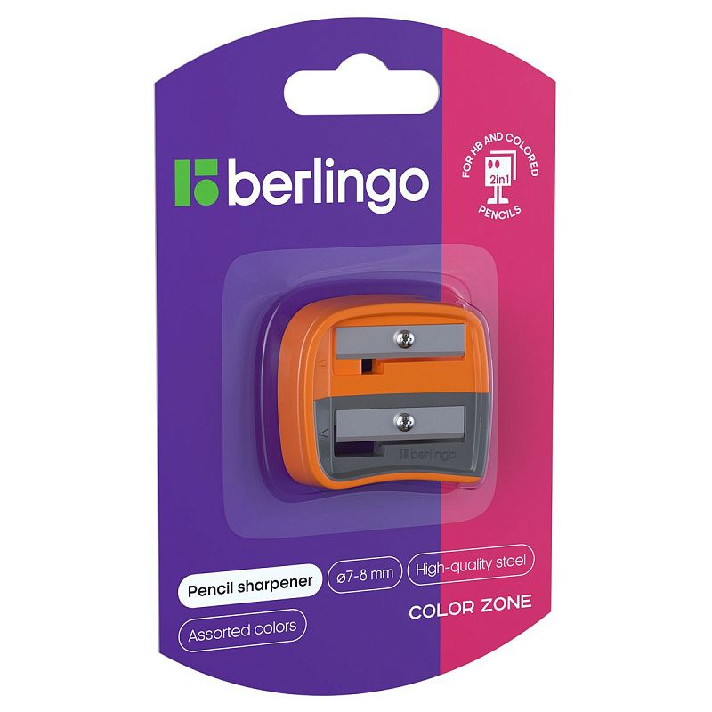 Точилка пластиковая Berlingo "Color Zone Duo", 2 отверстия, для цветных и ч/г карандашей, блистер, ассорти 