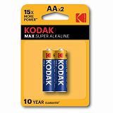 Батарейки алкалиновые "пальчиковые" КОМПЛЕКТ 2 шт., KODAK Max Super Alkaline, АА (LR6, 24А), блистер, Б0005131