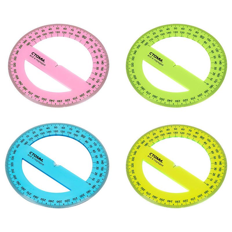 Транспортир 10см, 360° СТАММ, пластиковый, прозрачный, неоновые цвета, ассорти 