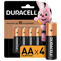 Батарейки КОМПЛЕКТ 4 шт., DURACELL Basic, AA (LR06, 15А), алкалиновые, пальчиковые, блистер, MN 1500 АА LR6