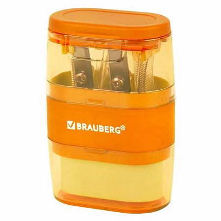 Точилка с ластиком 2 в 1 BRAUBERG "Double", 2 отверстия, яркие цвета корпуса ассорти, 271987 