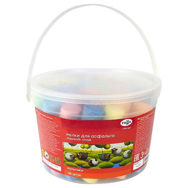 Мелки для асфальта Гамма "Мультики", цветные, 36шт., 9цв., круглые, пластиковое ведро
