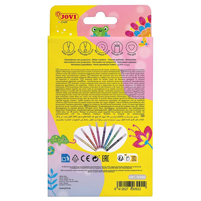 Фломастеры с блестками JOVI "Glitter", 08цв., смываемые, картон, европодвес