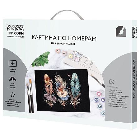 Картина по номерам на черном холсте ТРИ СОВЫ "Легкость пера", 30*40, c акриловыми красками и кистями