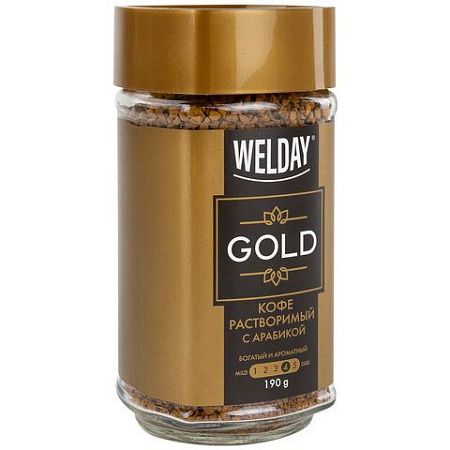 Кофе растворимый WELDAY "Gold", сублимированный, 190 г, стеклянная банка, 622674