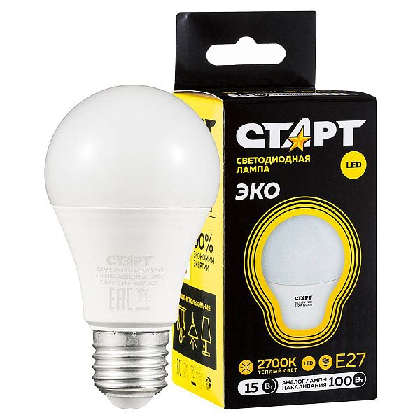 Лампа светодиодная Старт LED, серия "WS" 15W30, тип А "груша", E27, 2700К, теплый свет, 25000ч