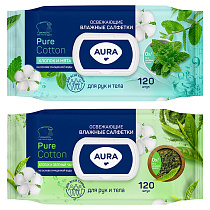 Салфетки влажные Aura "Pur cotton" big-pack с крышкой, 17*15см, 120шт., освежающие, для рук и тела