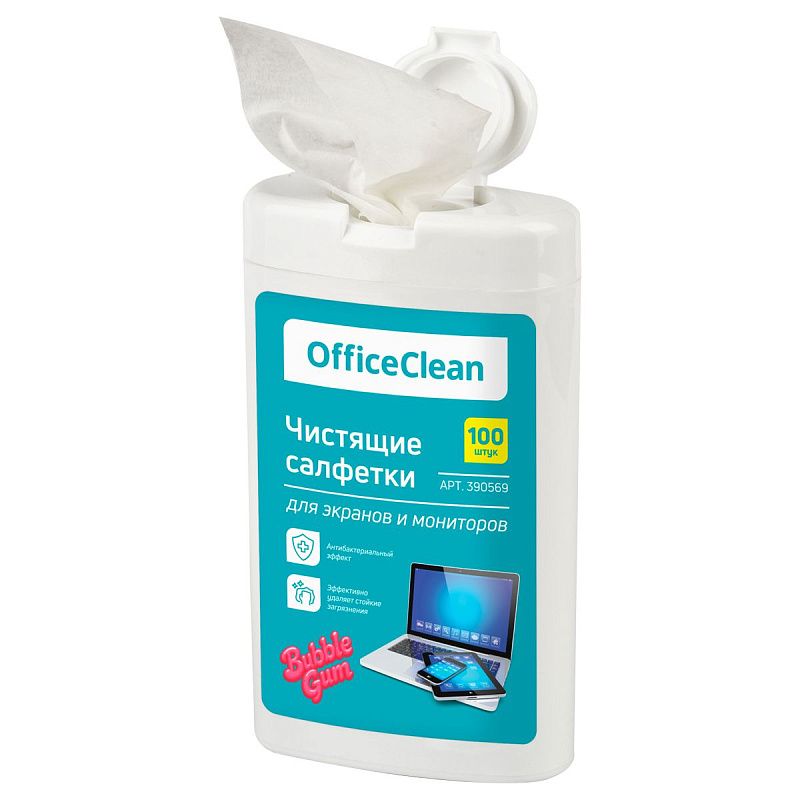 Влажные портативные чистящие салфетки OfficeClean для экранов и мониторов, 100шт. (малая плоская туба), бабл-гам