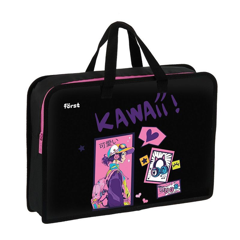 Папка с ручками 1 отделение, А4 Först "Kawaii", 340*245*75мм, пластик, на молнии