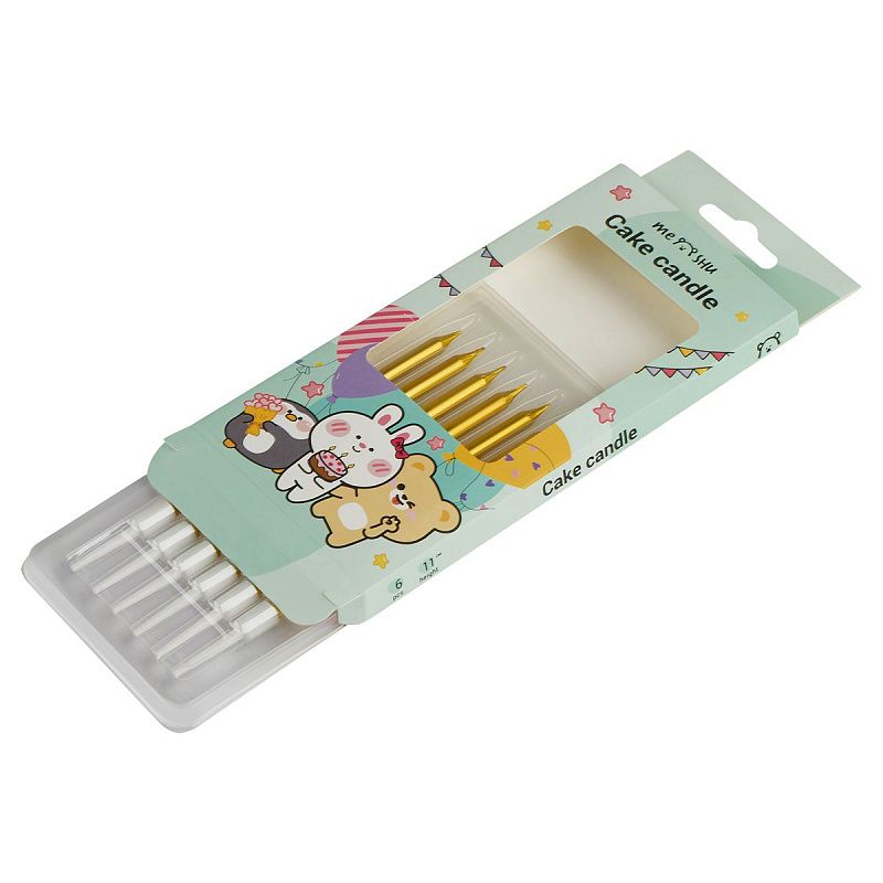 Свечи для торта с держателями MESHU "Straight gold", 10см, 6шт