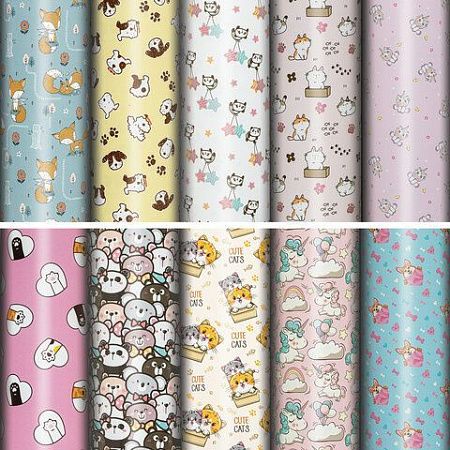 Бумага упаковочная "Funny Animals", 70x100 см, 10 дизайнов ассорти, ЗОЛОТАЯ СКАЗКА, 591917