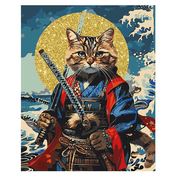 Картина по номерам на холсте с глиттером ТРИ СОВЫ "Кот-самурай", 40*50, с акриловыми красками и кистями