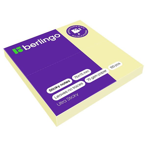 Самоклеящийся блок Berlingo "Ultra Sticky", 75*75мм, 100л., пастель, желтый