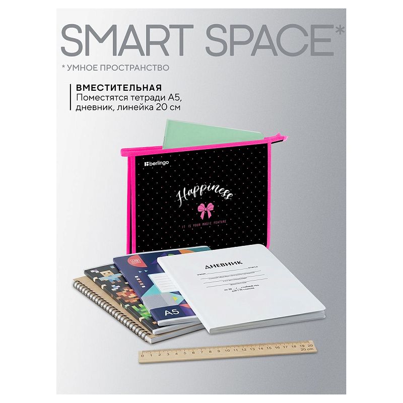 Папка для тетрадей 1 отделение, А5 Berlingo "Happiness", 240*205*40мм, пластик, на молнии 