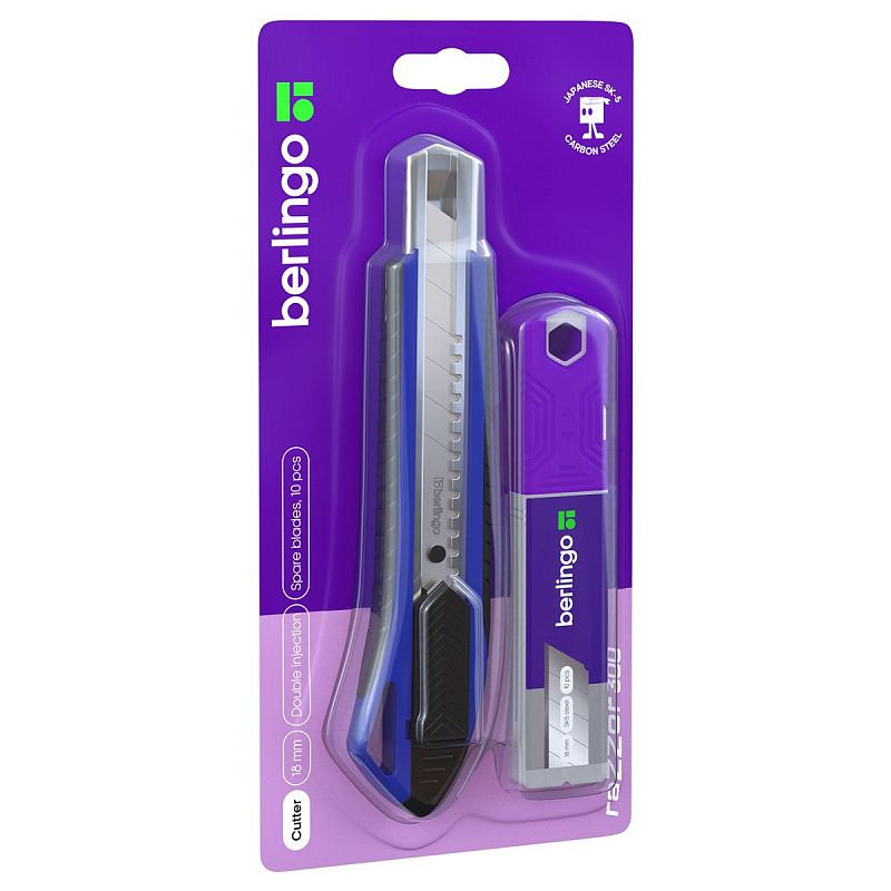 Нож канцелярский 18мм Berlingo "Razzor 300", синий + лезвия сменные 10шт., блистер, европодвес