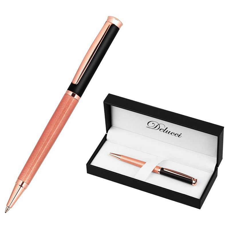 Ручка шариковая Delucci "Fenice" синяя, 1,0мм, корпус розовое золото/черный, поворотн., подарочная упаковка 