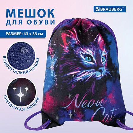 Мешок для обуви BRAUBERG PREMIUM, карман, подкладка, светоотражайка, 43х33 см, "Neon cat", 271621 