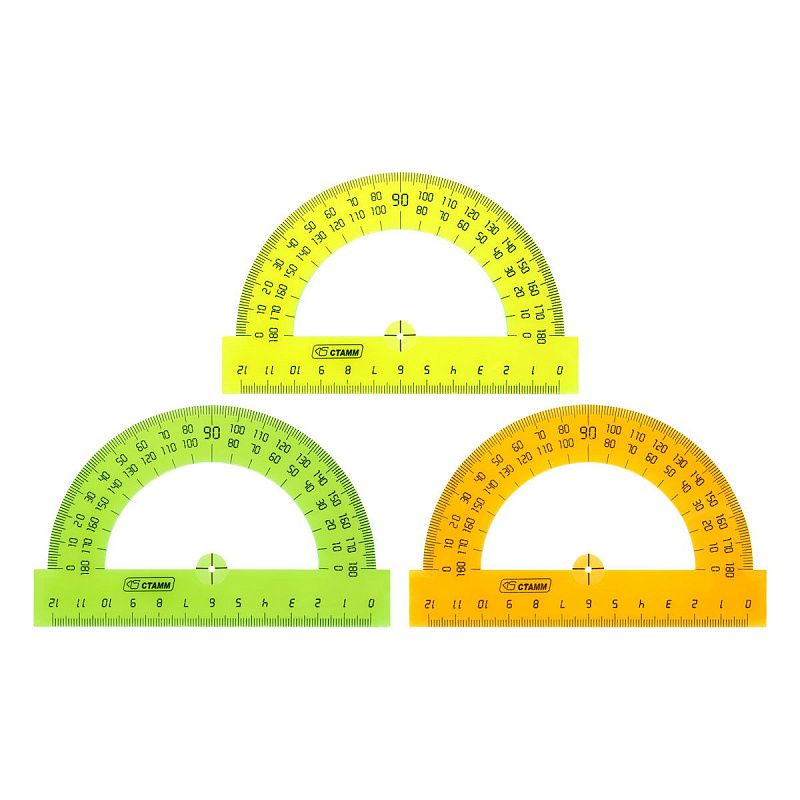 Транспортир 12см, 180° СТАММ, пластиковый, прозрачный, неоновые цвета, ассорти 