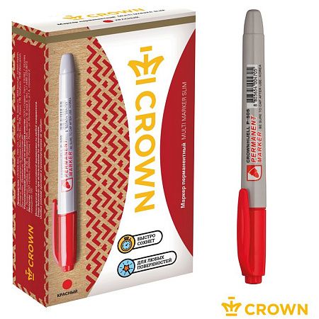Маркер перманентный Crown "Multi Marker Slim" красный, пулевидный, 2мм 