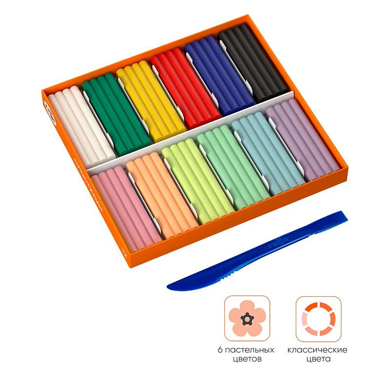 Пластилин Гамма "Оранжевое солнце", 12 цветов (6 классич., 6 пастельных), 168г, со стеком, картон. упаковка