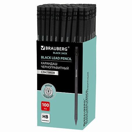 Карандаш чернографитный BRAUBERG, 1 шт., "Black Jack", НВ, с ластиком, черное дерево, корпус черный, 180609 