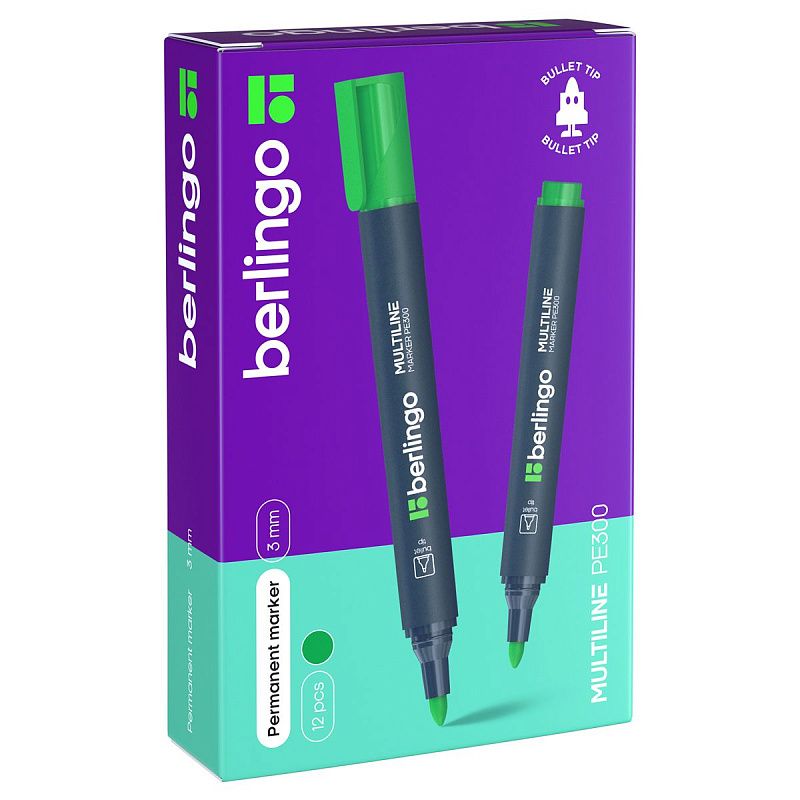 Маркер перманентный Berlingo "Multiline PE300" зеленый, пулевидный, 3мм 