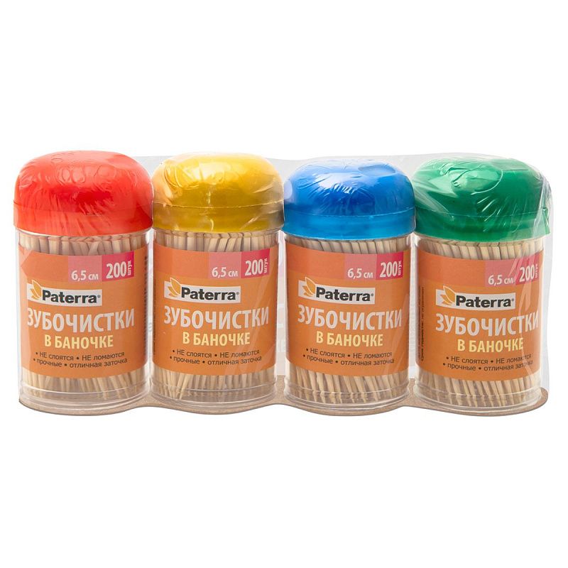 Зубочистки бамбуковые Paterra, 200 шт., в баночке 