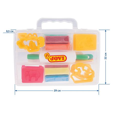 Пластилин JOVI, 08 цветов, 200г, растительный, формочки, стеки, скалка, в чемодане