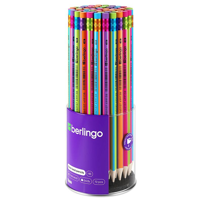 Карандаш ч/г Berlingo "Fuze" HB, трехгранный, заточен., с ластиком, ассорти 
