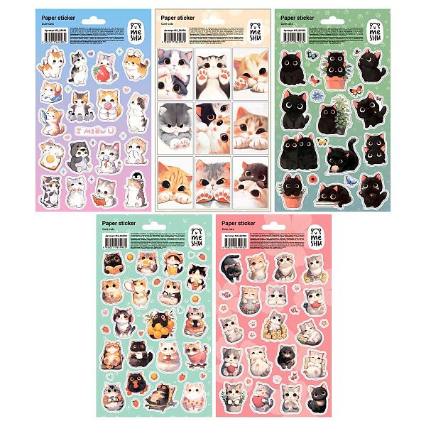 Наклейки бумажные MESHU "Cute cats", 12*21см, ассорти 10шт., европодвес