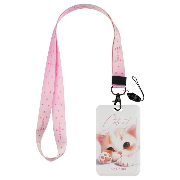 Бейдж вертикальный MESHU "Cute Cat", 110*70мм, лента с карабином, 2D печать, опп пакет, европодвес