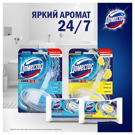 Подвесной блок для унитаза Domestos "3в1 Атлантик" 40г, твердый 