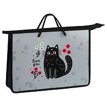 Папка с ручками А4 ArtSpace "Black Cat with Flowers", пластик, на молнии, 75мм