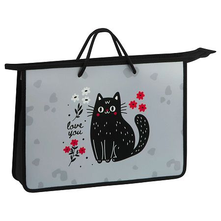 Папка с ручками А4 ArtSpace "Black Cat with Flowers", пластик, на молнии, 75мм
