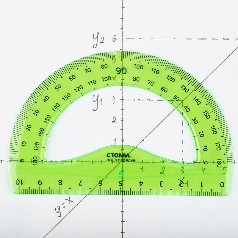 Транспортир 10см, 180° СТАММ, пластиковый, гибкий, прозрачный, зеленый, европодвес 